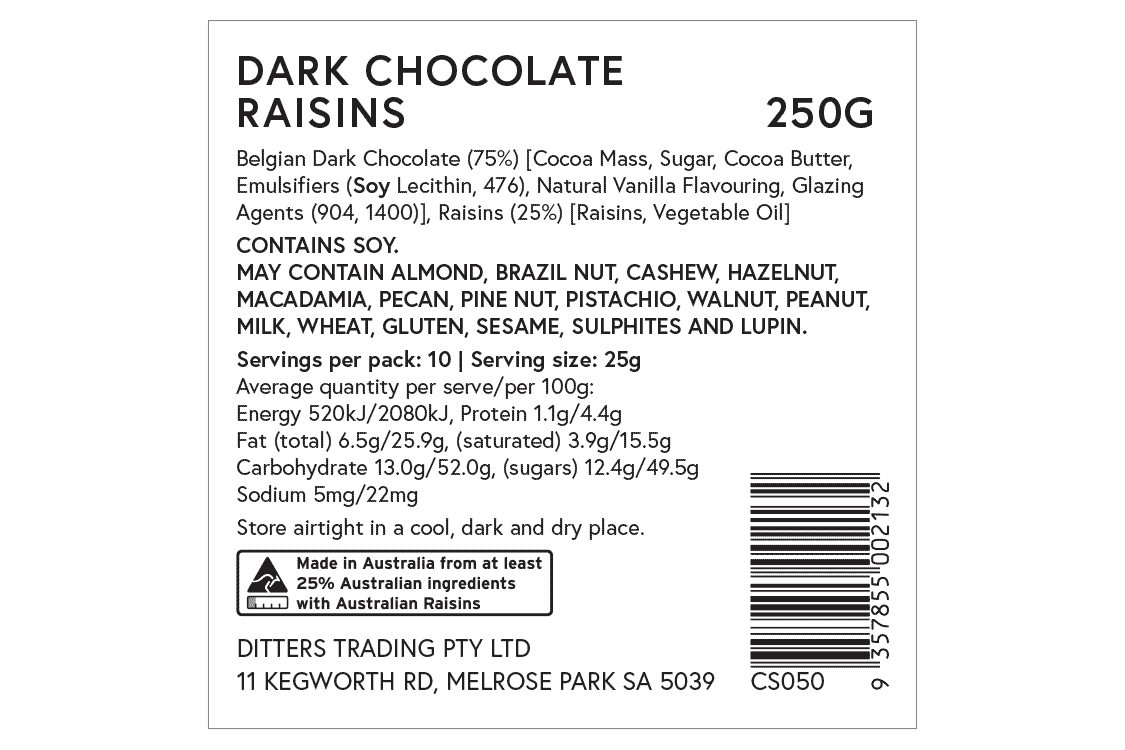 Ditters dark chocolate raisins ingredients label