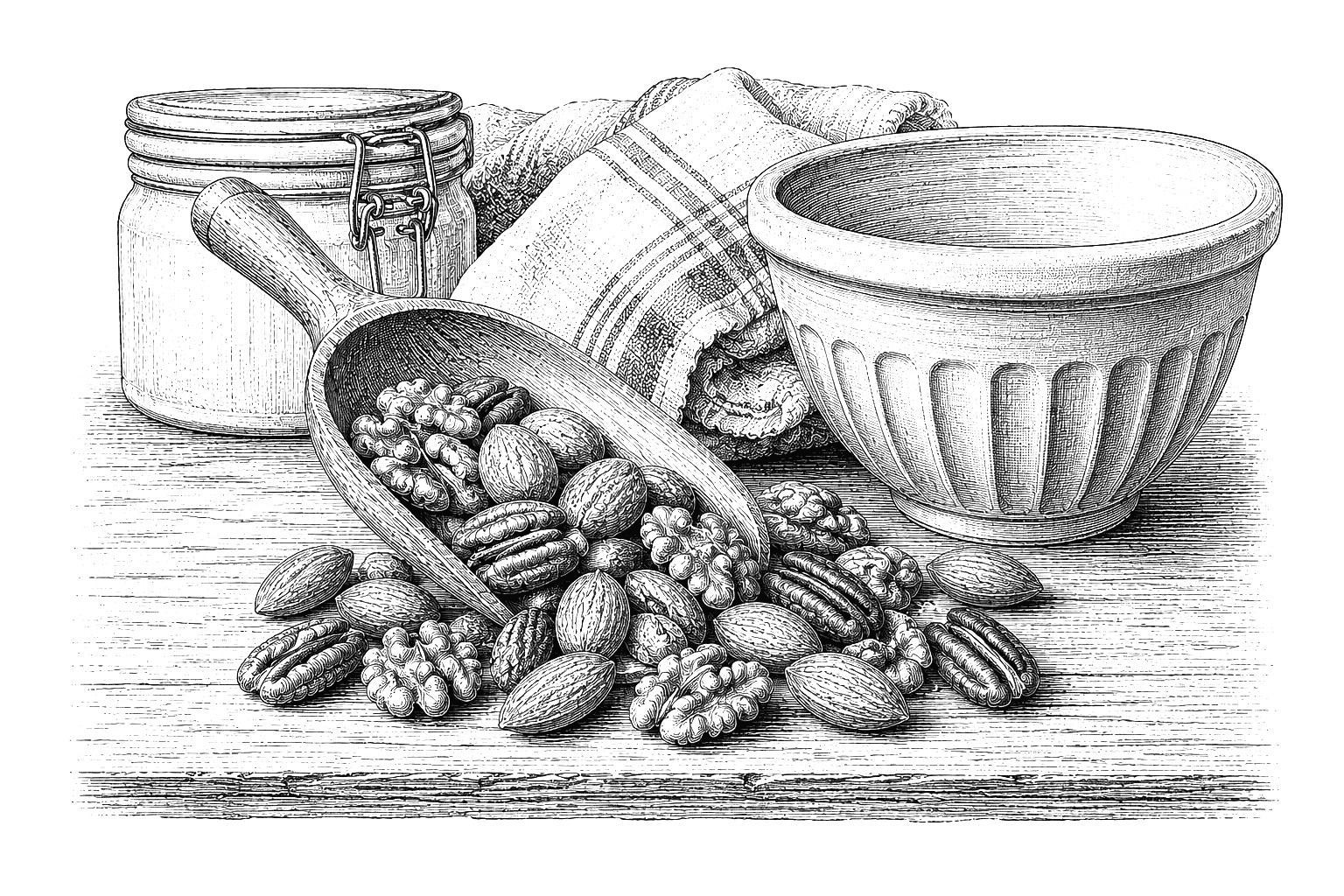 Vintage black and white illustration of a wooden scoop spilling almonds, pecans and walnuts across a kitchen bench beside a classic mixing bowl, preserving the feel of a well-stocked home pantry.