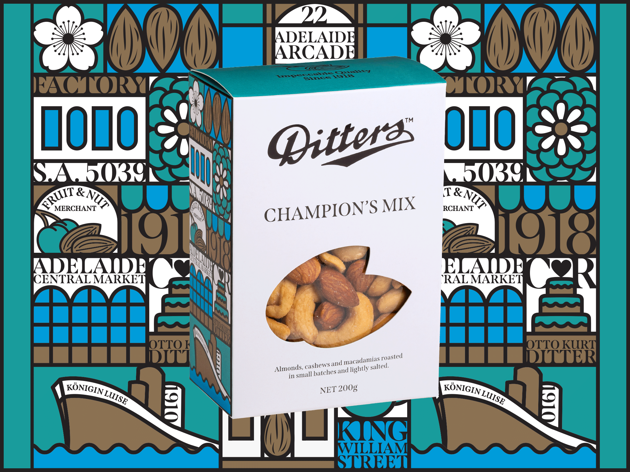 Champion's Mix Story Gift Box featuring lightly salted roasted almonds, cashews and macadamias in front of the colourful illustrated Ditters Story Gift Box artwork celebrating Adelaide heritage.