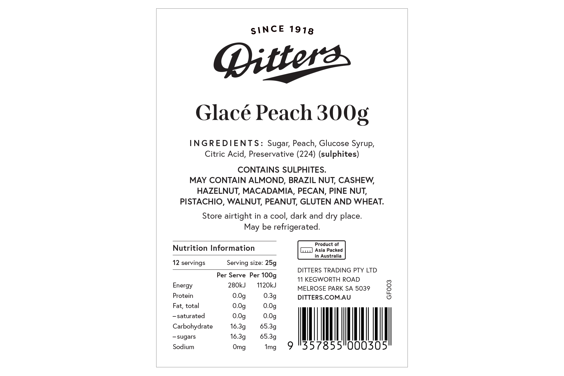 Ditters glace peach ingredients label
