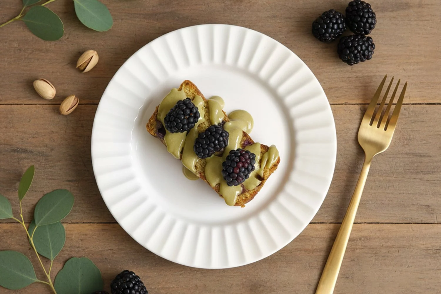 Pistachio and blueberry cake garnished with pistachio icing and blackberries