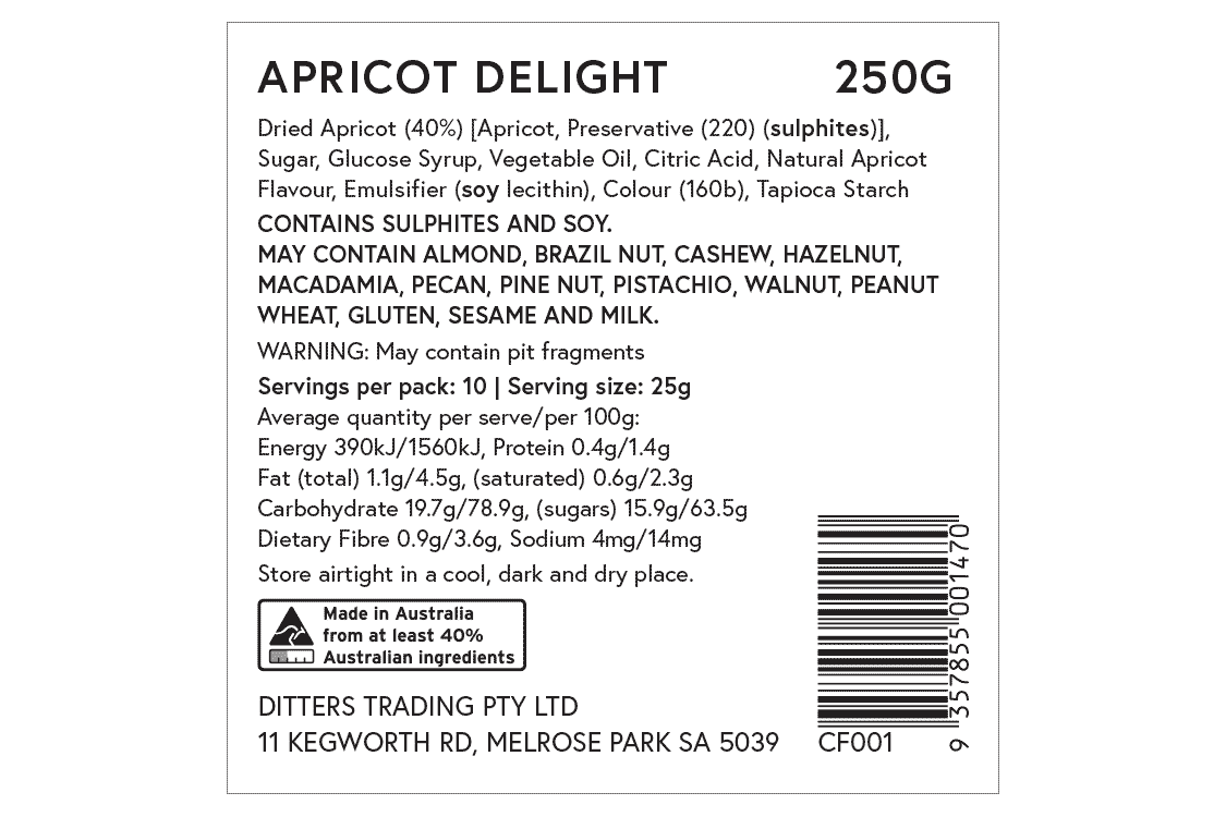 ditters apricot delight ingredients label