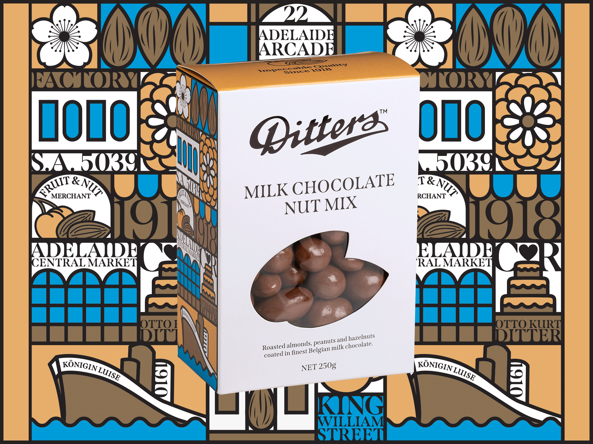 Milk Chocolate Nut Mix Story Gift Box featuring Belgian milk chocolate-coated almonds, peanuts and hazelnuts in front of the colourful illustrated Ditters Story Gift Box artwork celebrating Adelaide heritage.