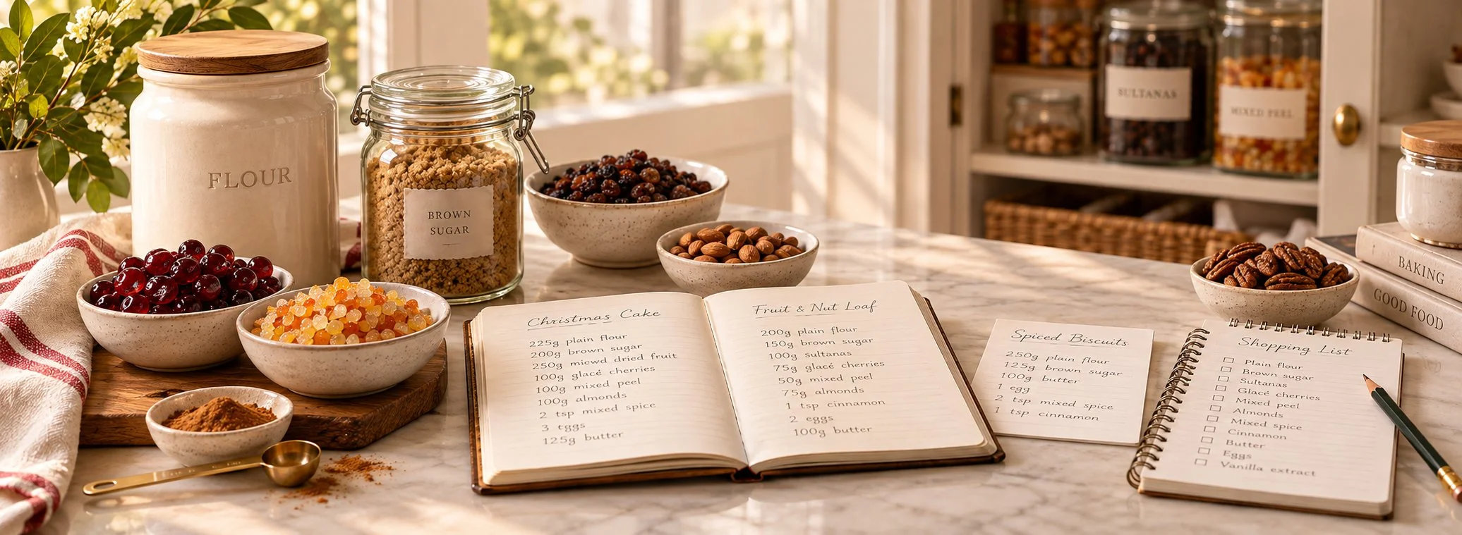 Christmas baking recipes beside a handwritten pantry checklist and baking ingredients.