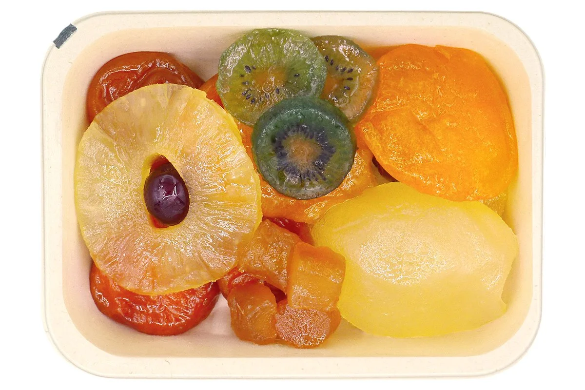 Glace Apricot, pineapple, pear, peach, kiwifruit, ginger and cherry