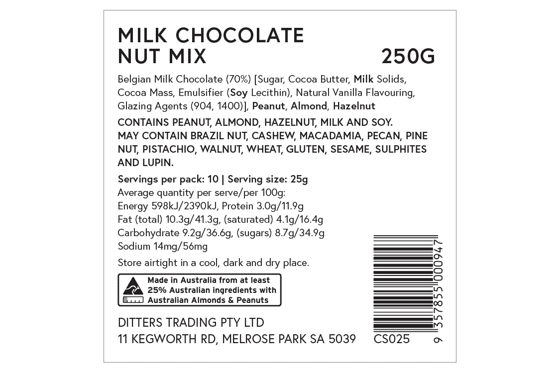 Ditters milk chocolate nut mix ingredients label