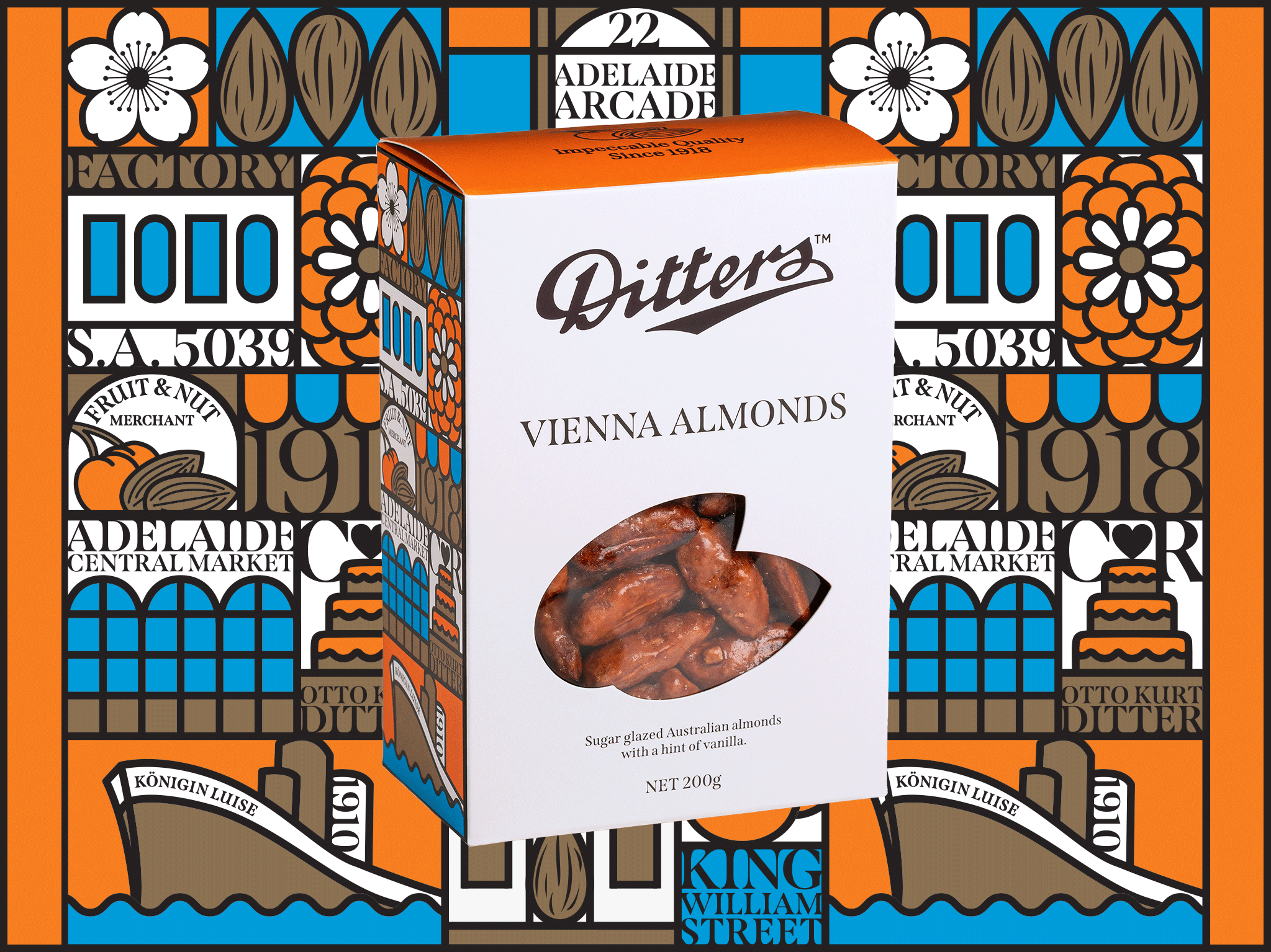 Vienna Almonds Story Gift Box featuring sugar-glazed Australian almonds with a hint of vanilla in front of the colourful illustrated Ditters Story Gift Box artwork celebrating Adelaide heritage.