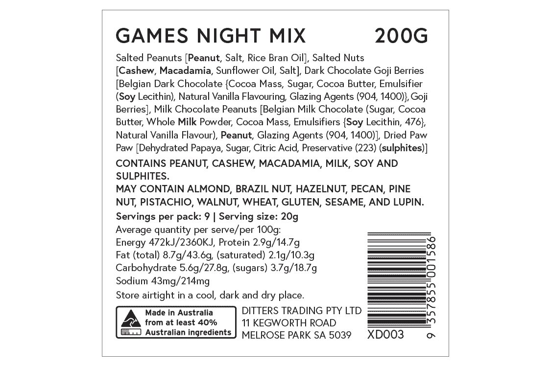 Ditters games night mix ingredients label