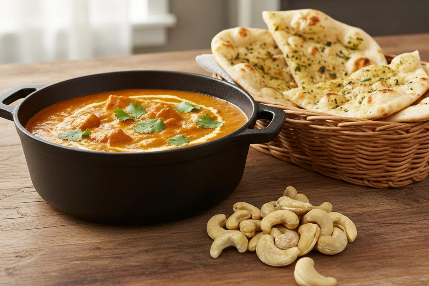 Raw cashews next to a large pot of butter chicken and a basket of naan bread