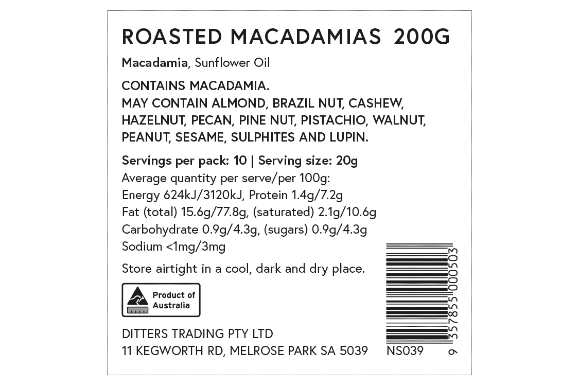 Ditters roasted unsalted macadamias ingredients label