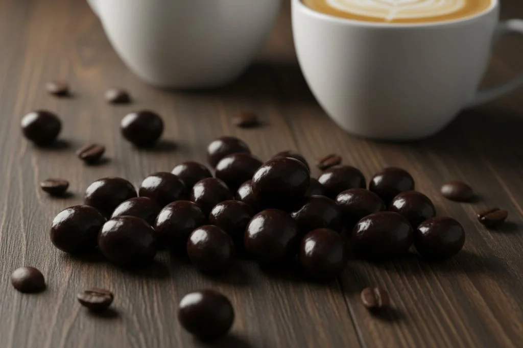 dark chocolate coffee beans with two cups of coffee in the background