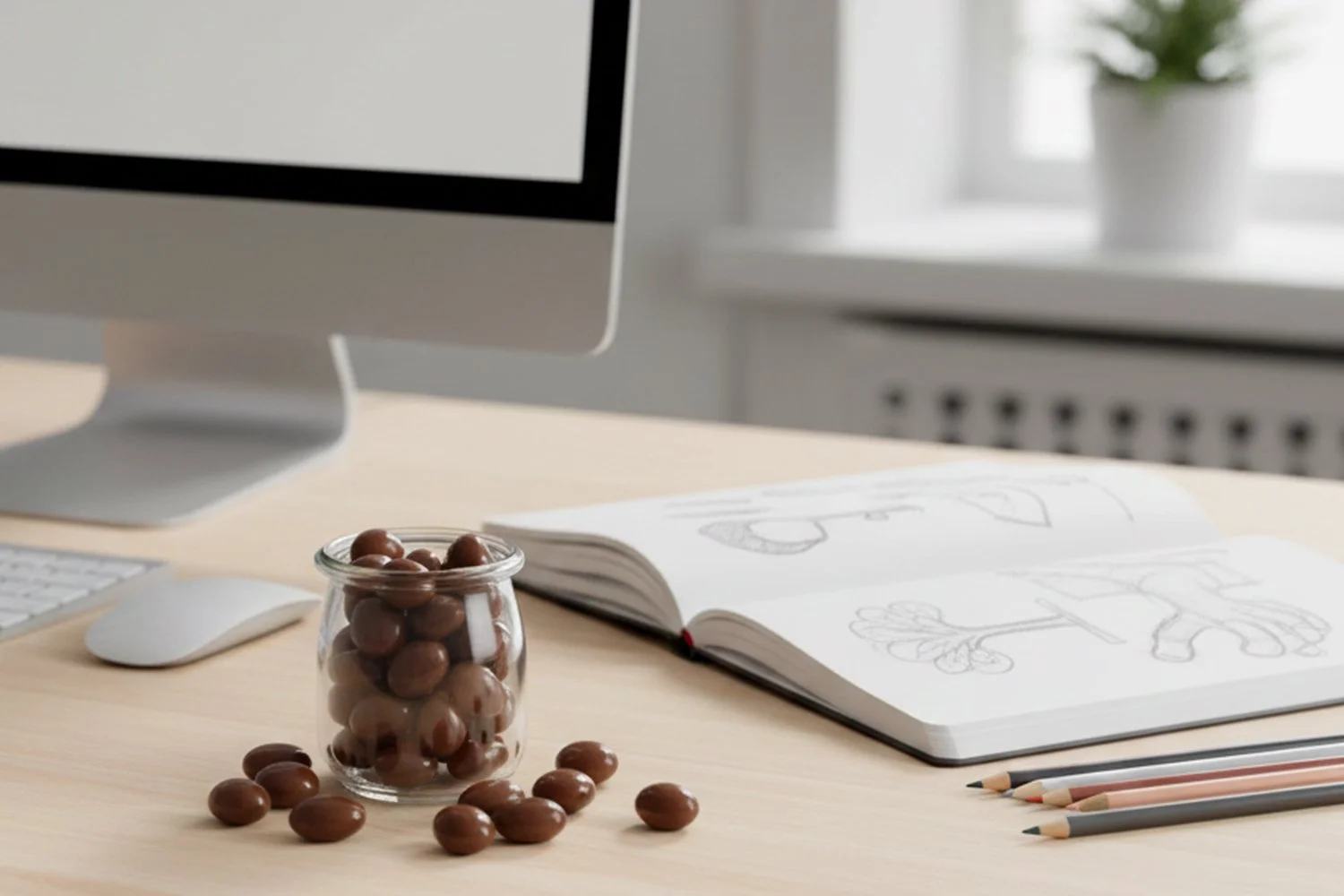 milk scorched peanuts in a jar on office desk