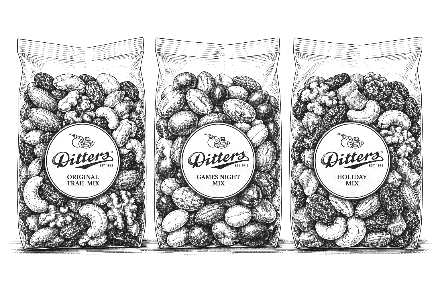 Vintage black and white illustration of three standing bags of Ditters gourmet mixes: Original Trail Mix, Games Night Mix and Holiday Mix, each filled with a distinctive blend of premium nuts, dried fruit and chocolate pieces.