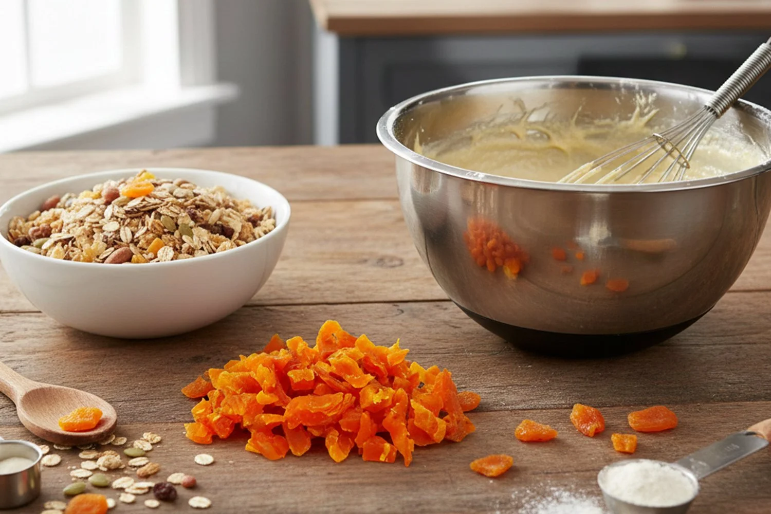 diced dried apricot next to bowl of muesli and mixing bowl on kitchen bench
