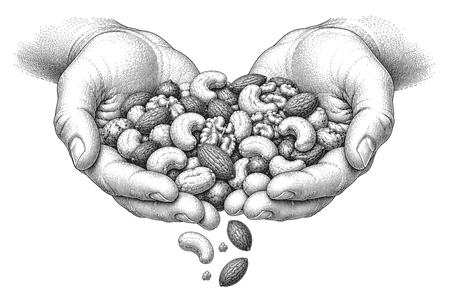 Vintage engraved illustration of two cupped hands holding mixed roasted nuts, with a few nuts gently falling below.