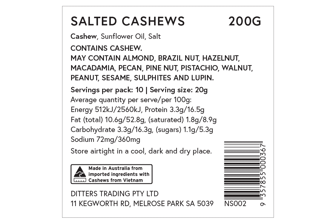 Ditters salted cashews ingredients label