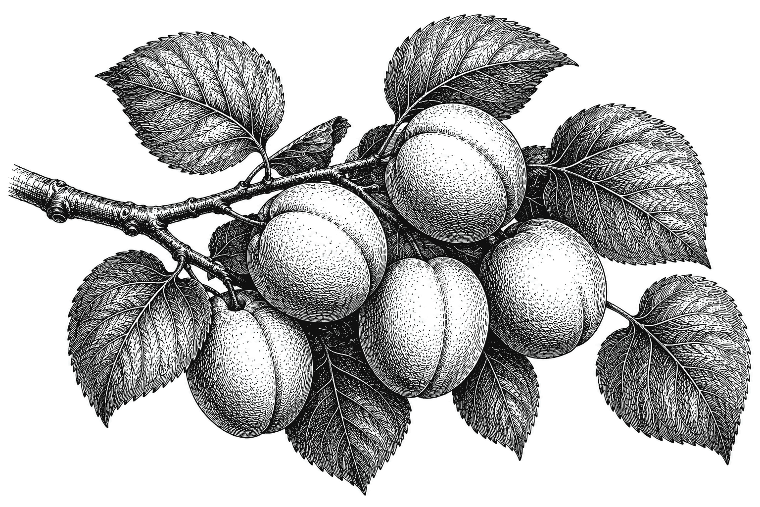 Illustration of an apricot branch with ripe fruit and leaves.