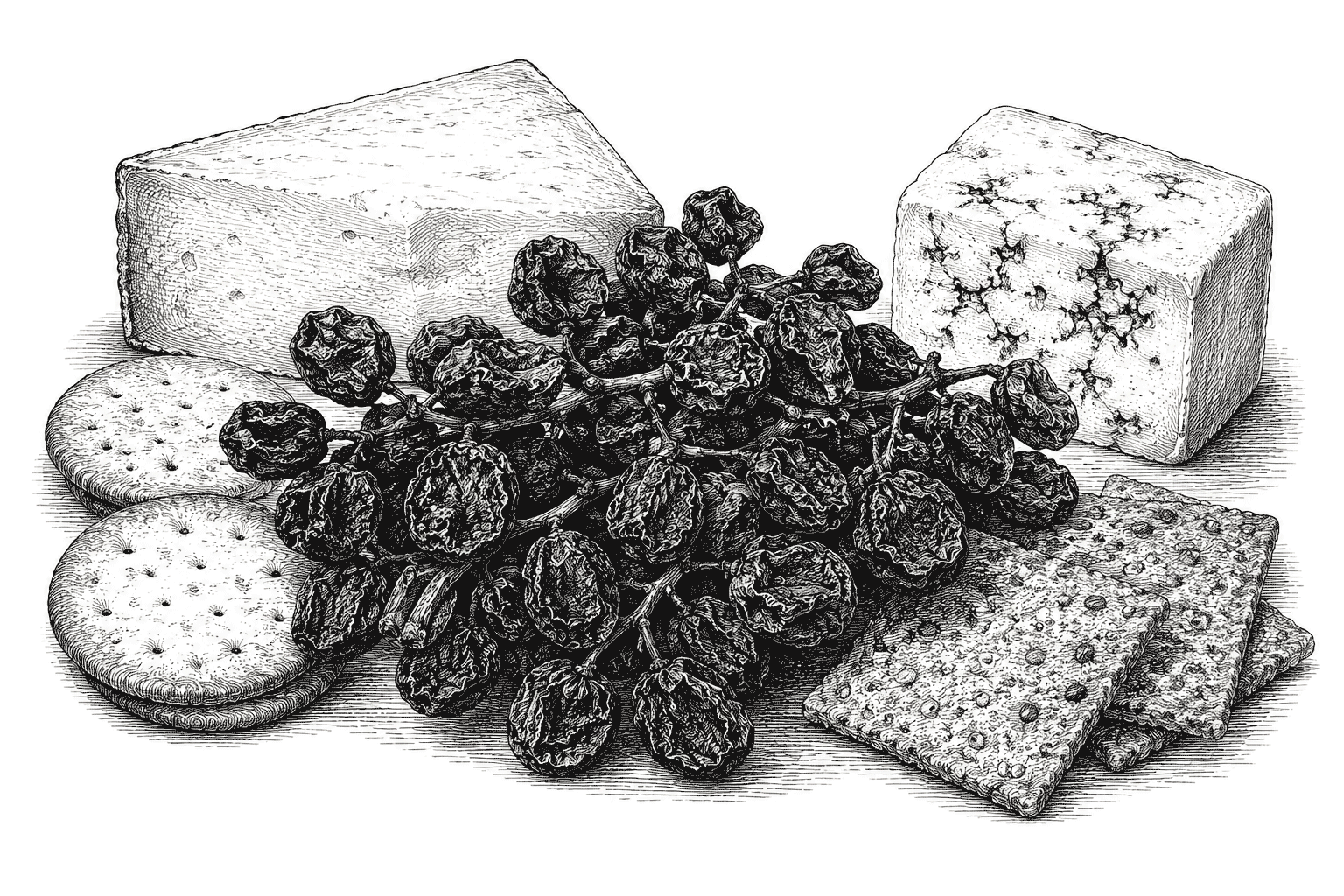 Illustration of a cheeseboard with dried grapes, cheese, crackers and dried fruit.