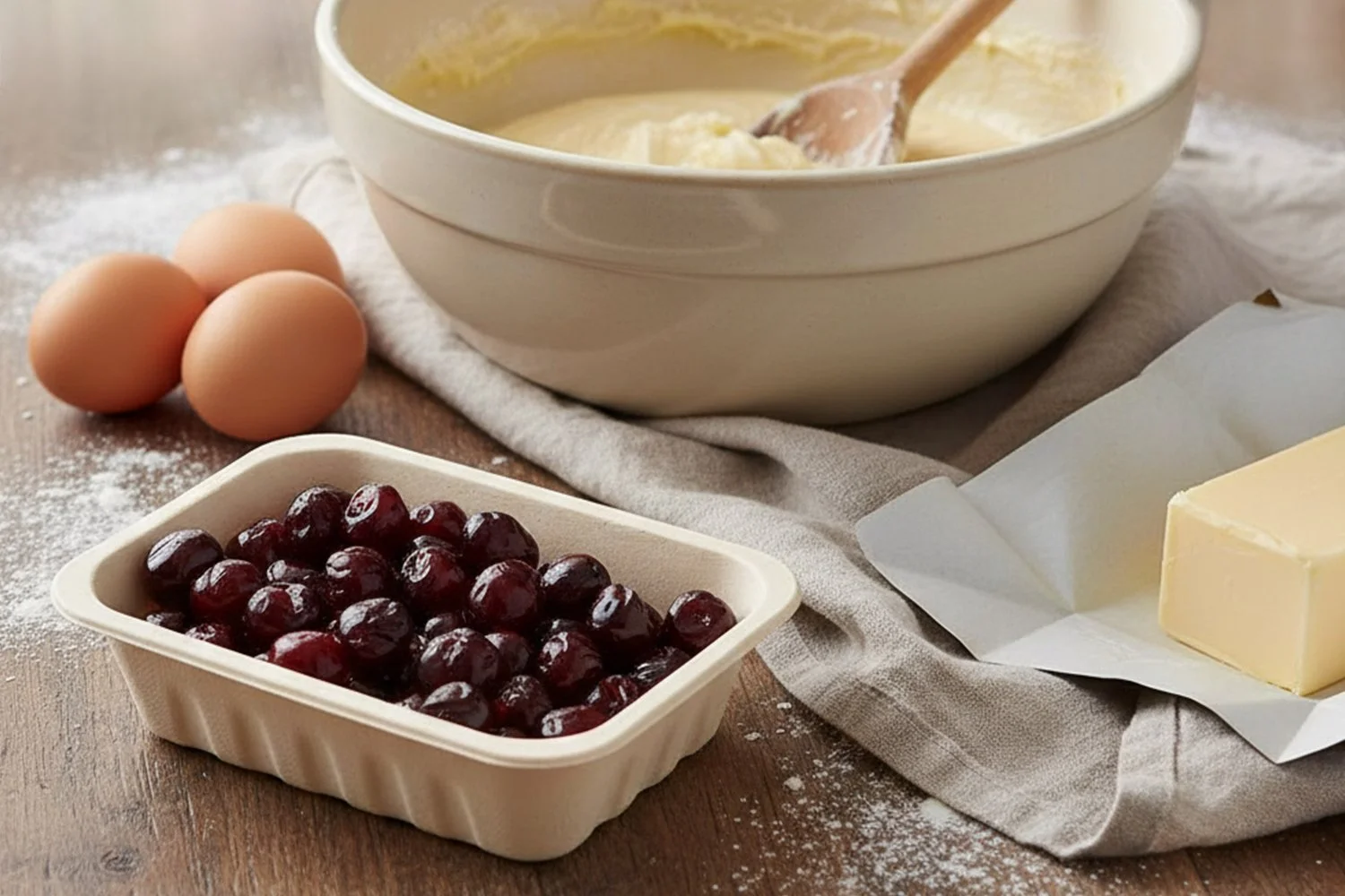 tray of red glace cherries in a baking scene with mixing bowl, eggs, flour, butter, flour and tea towel