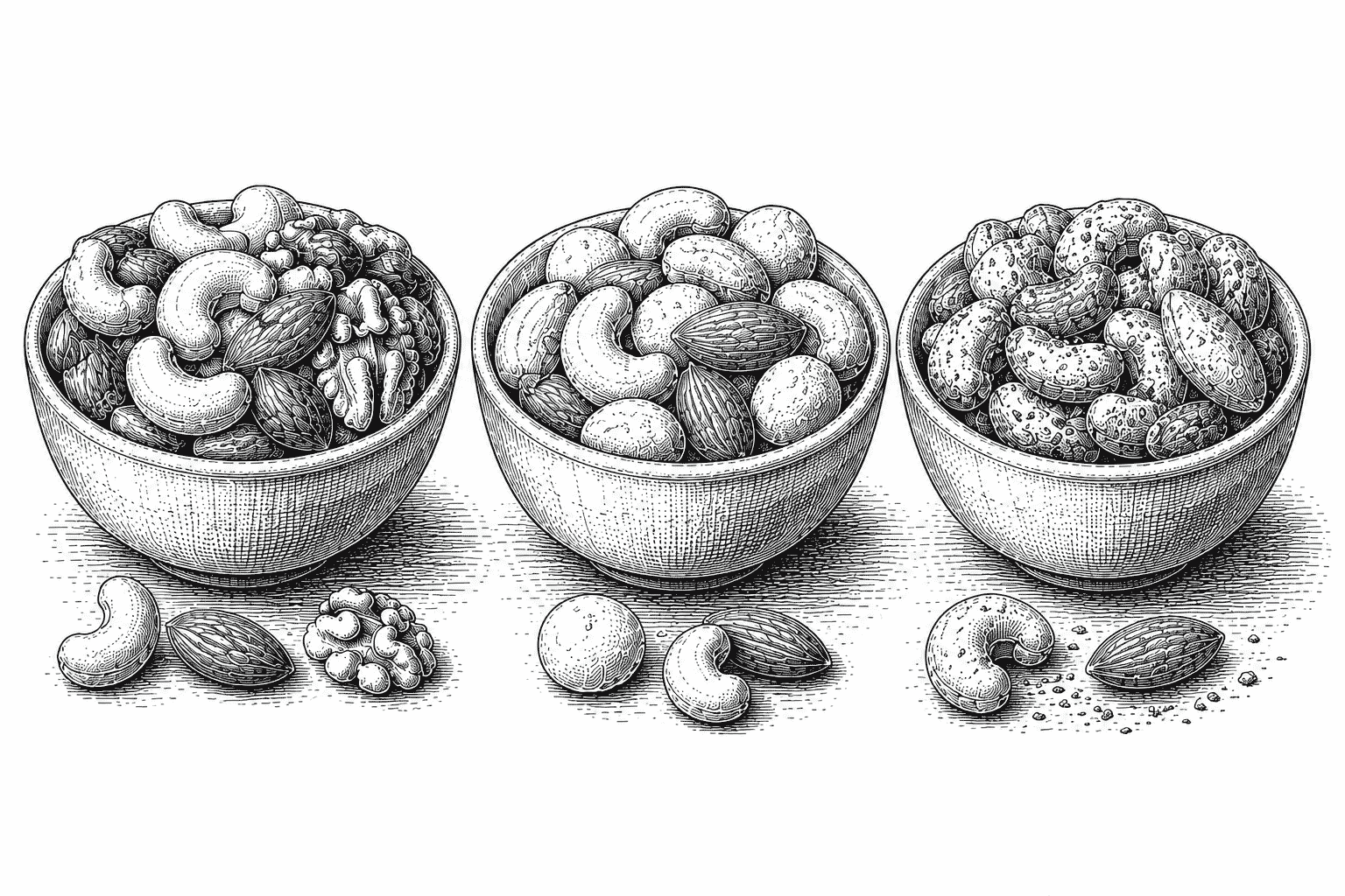 Vintage engraved illustration of three bowls filled with roasted nut varieties, including dry roasted, lightly salted and seasoned nuts.