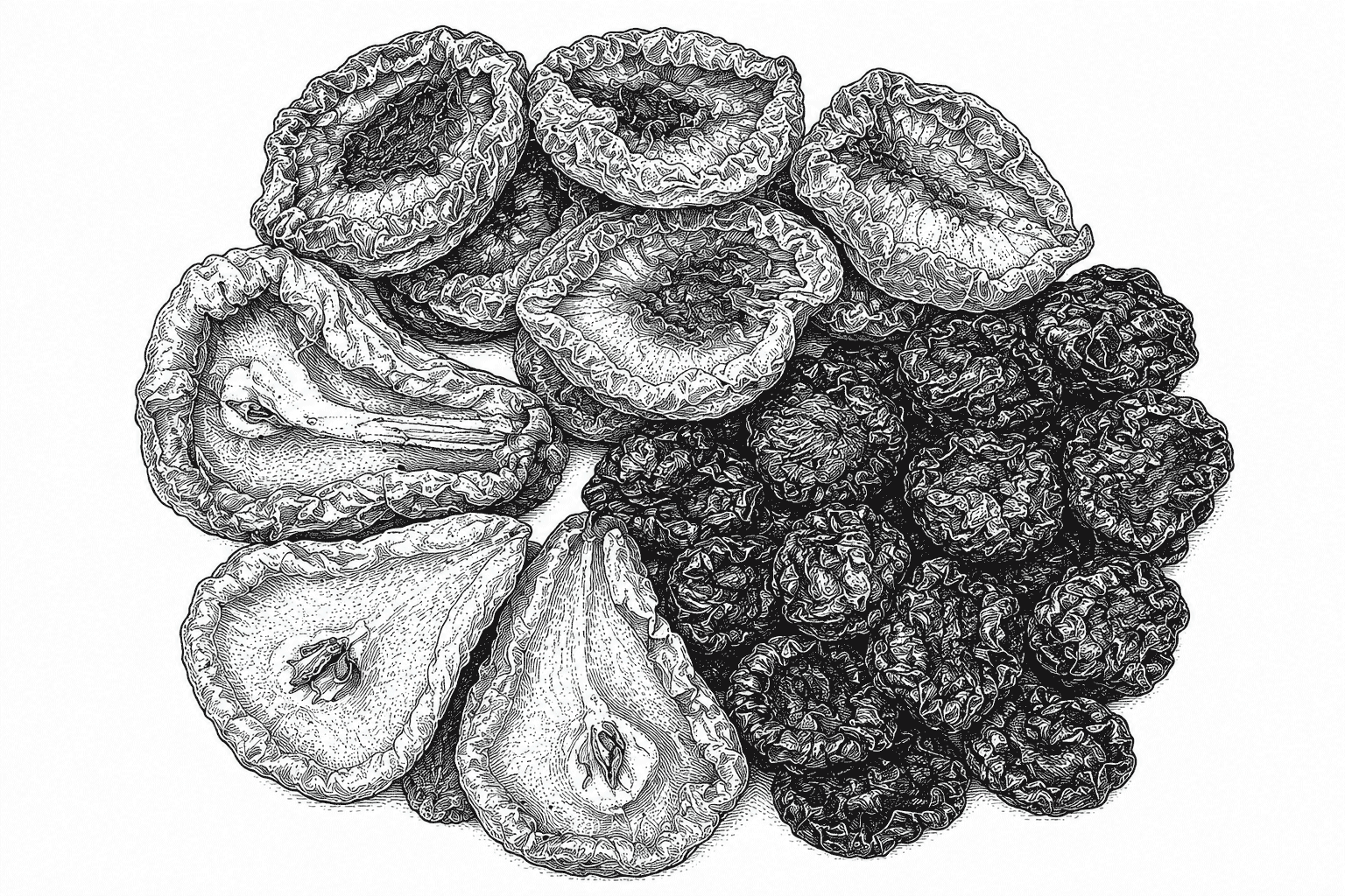 Illustration of assorted dried fruit including apricots, peaches, pears and plums.