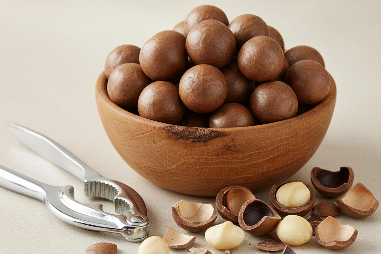 whole macadamias in wooden bowl next to silver nutcracker