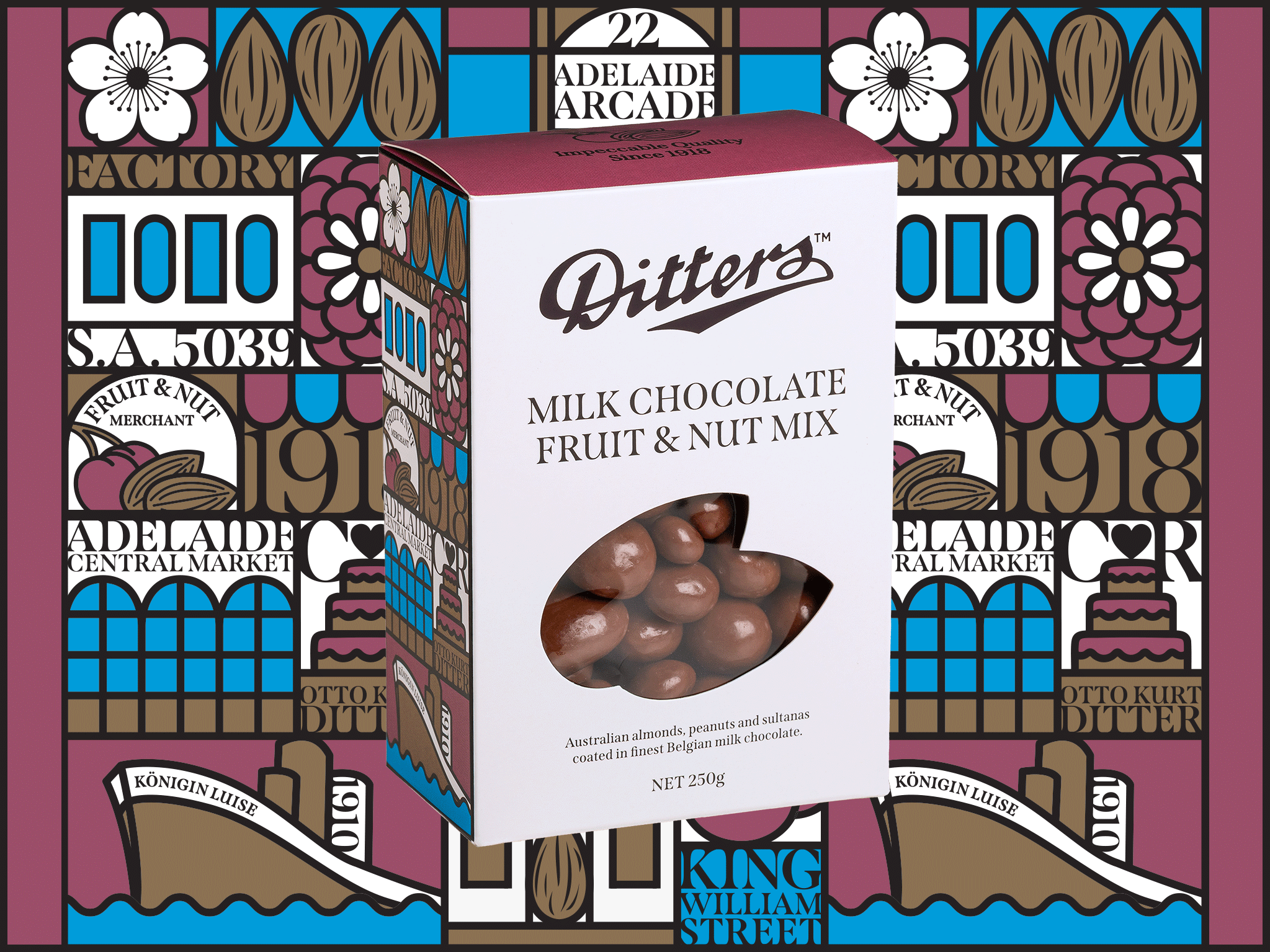 Milk Chocolate Fruit & Nut Mix Story Gift Box featuring Belgian milk chocolate-coated almonds, peanuts and sultanas in front of the colourful illustrated Ditters Story Gift Box artwork celebrating Adelaide heritage.