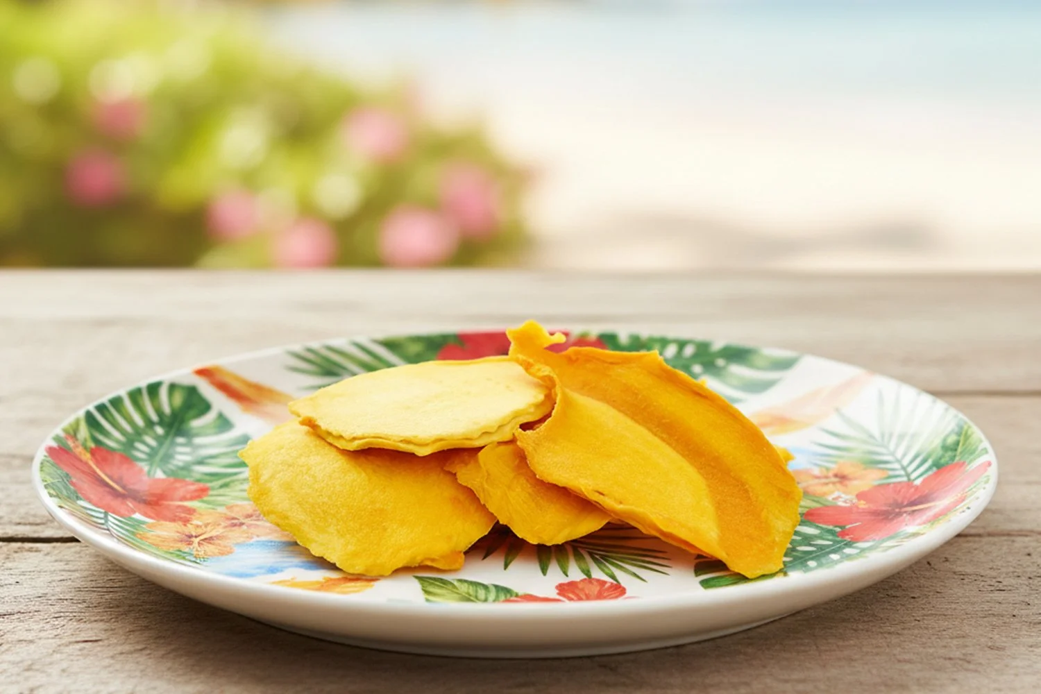 dried mango on a tropical platter by the beach