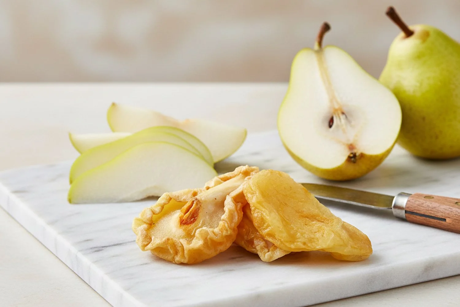 dried pear on a marble platter next to fresh pear halves