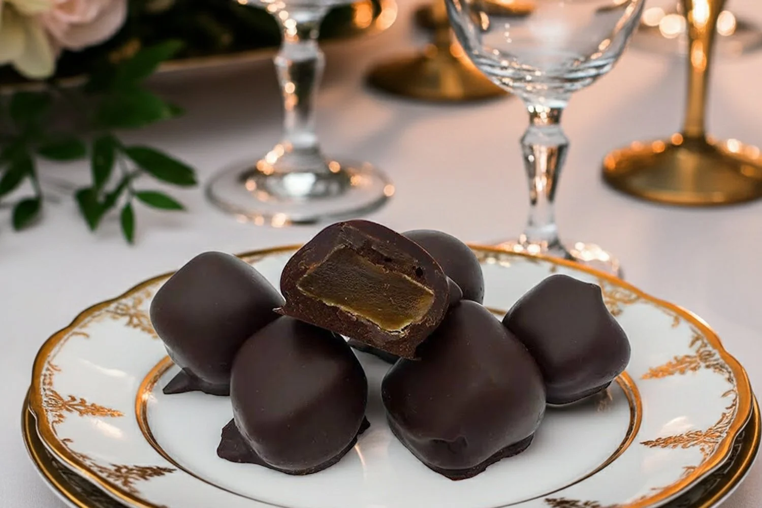 dark chocolate glace ginger pieces on a fancy white and gold plate at the dining table