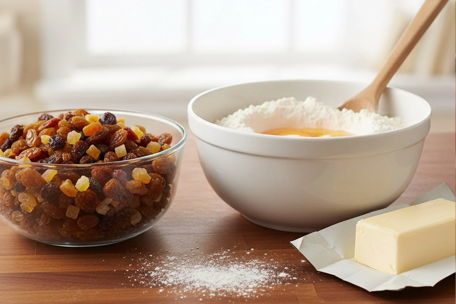 full bowl of cake fruit next to mixing bowl with eggs, flour and butter