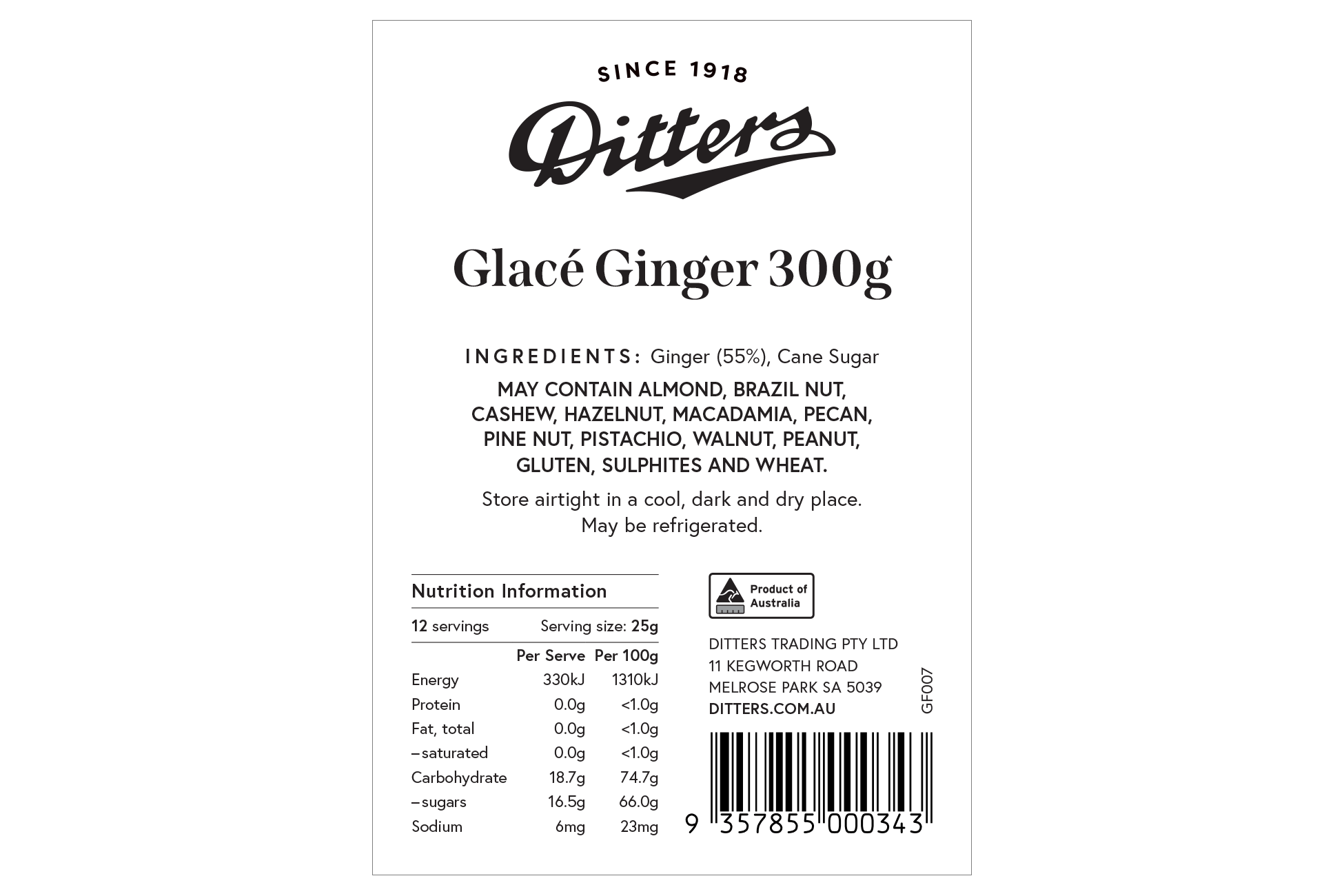 Ditters glace ginger ingredients label