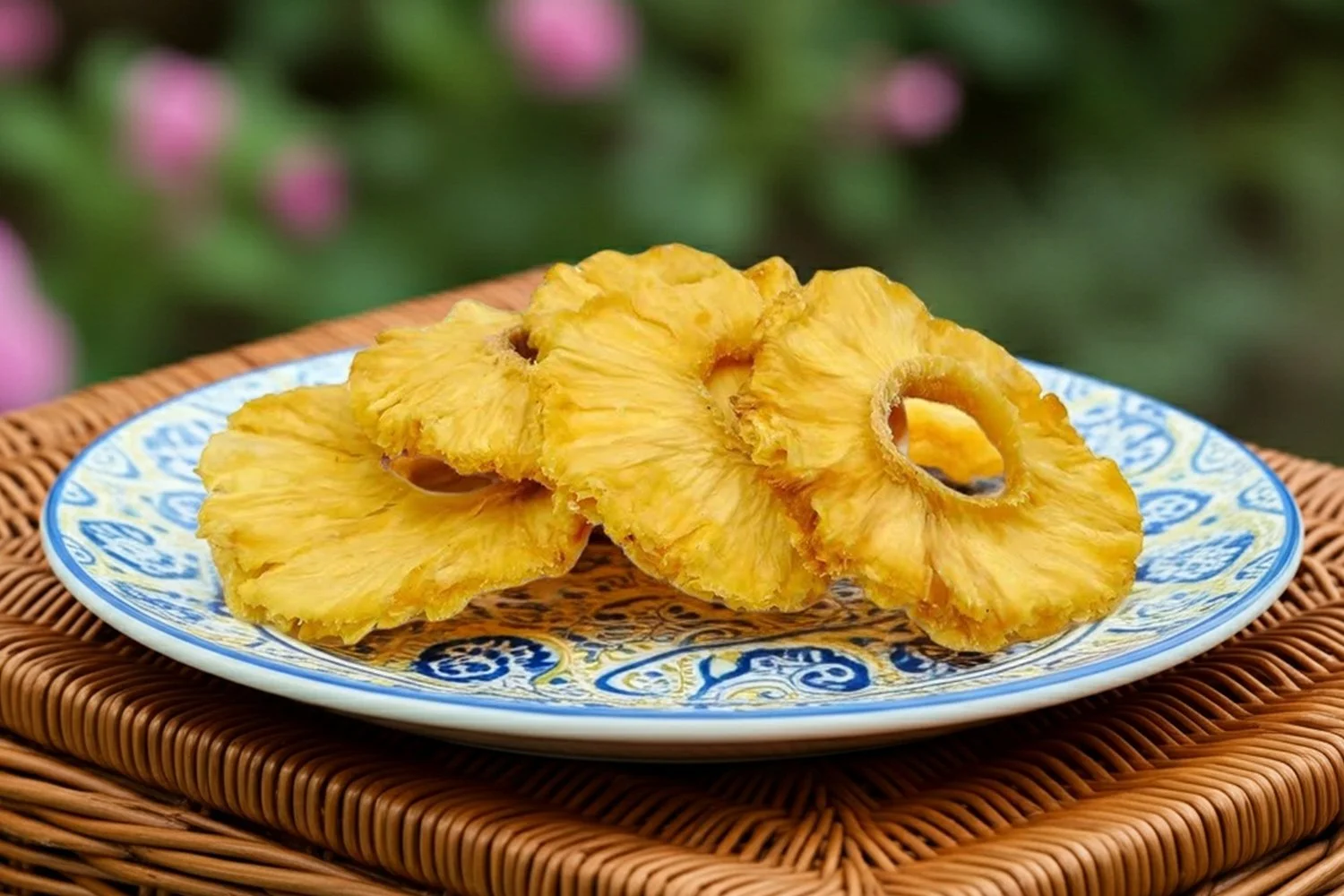 dried pineapple on a picnic basket in a garden