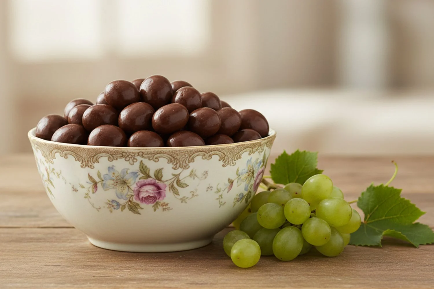 milk chocolate sultanas in a vintage floral bowl with a small bunch of fresh sultana grapes and vine leaves next to it