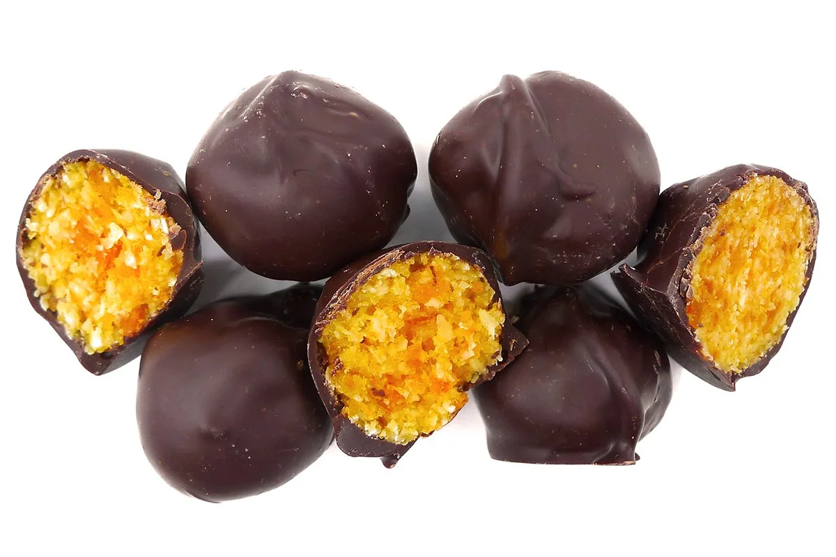 Dark Chocolate Apricot Cocktail featuring a soft apricot and coconut centre coated in smooth Belgian dark chocolate.