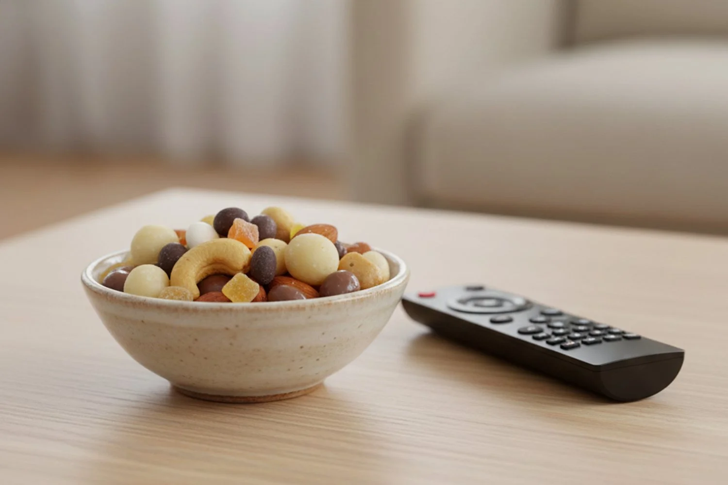 snack mix in bowl on coffee table with TV remote next to it