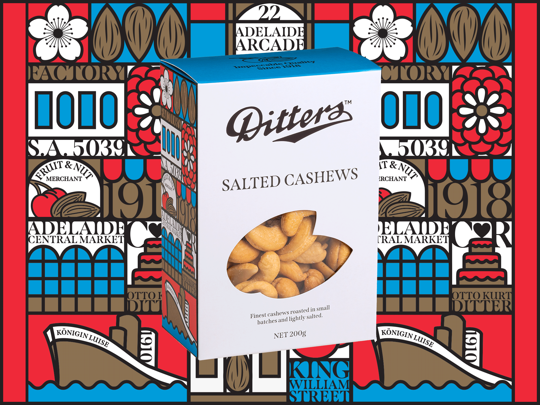 Salted Cashews Story Gift Box featuring premium roasted and lightly salted cashews in front of the colourful illustrated Ditters Story Gift Box artwork celebrating Adelaide heritage.