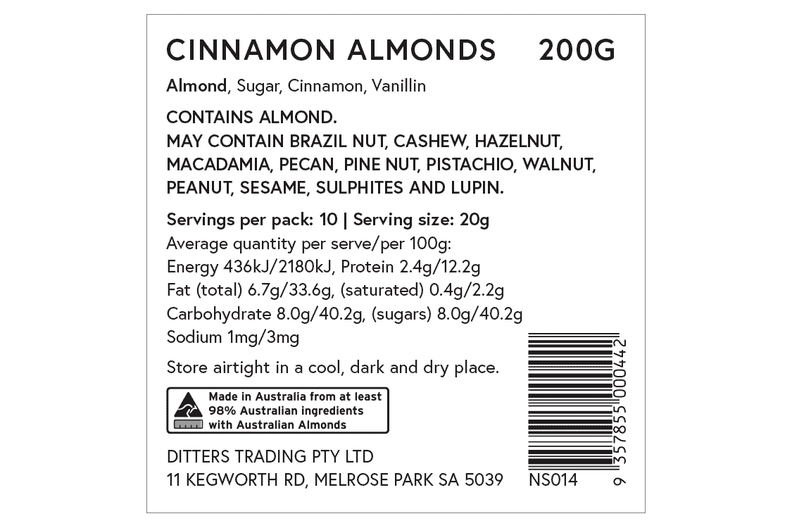 Ditters cinnamon almonds ingredients label