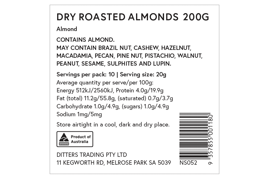 Ditters dry roasted almonds ingredients label