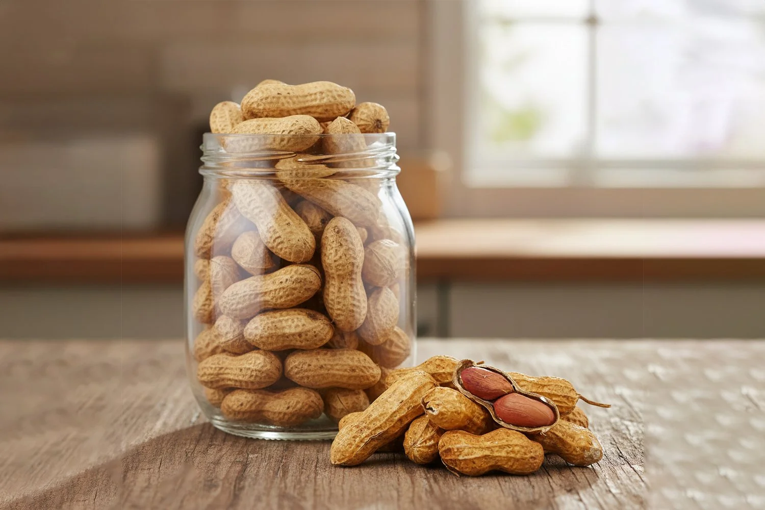 roasted peanuts in shell in a glass jar on a kitchen counter