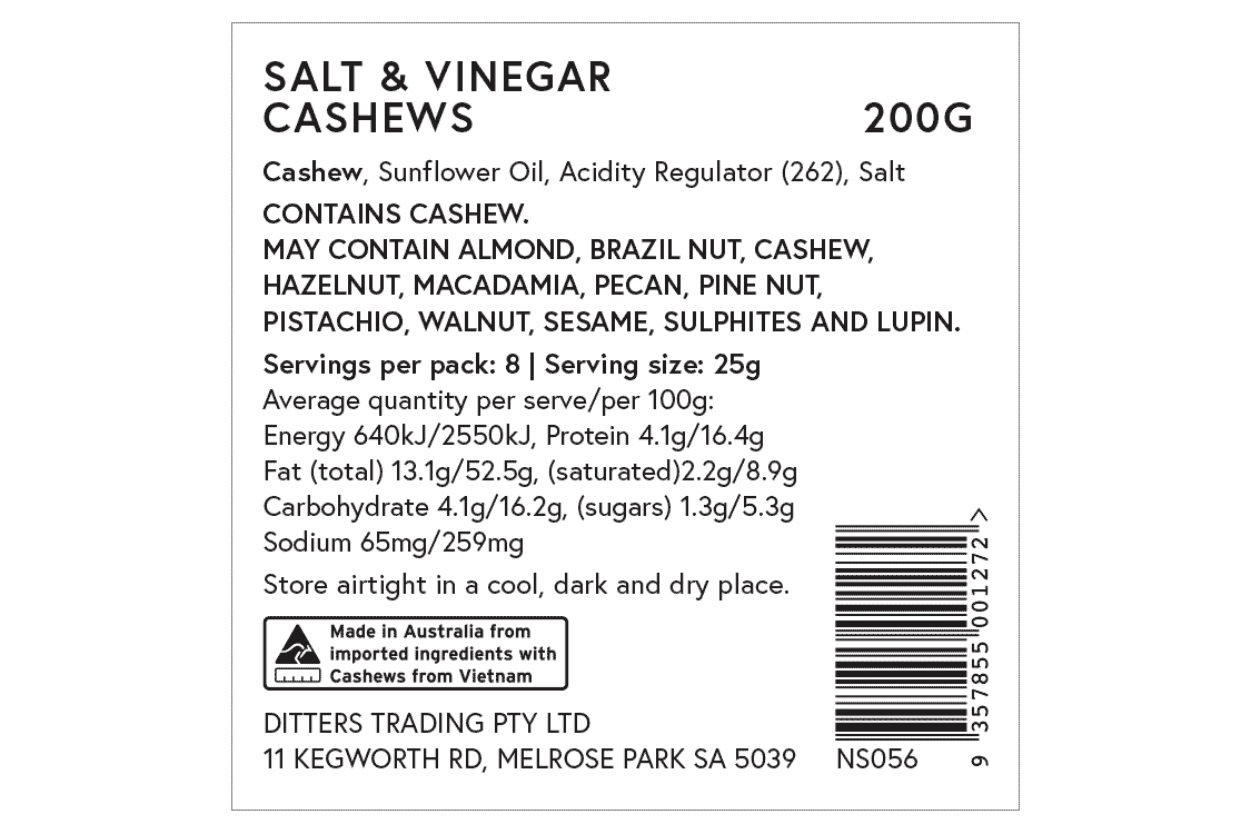 Ingredients label for Salt and Vinegar Cashews