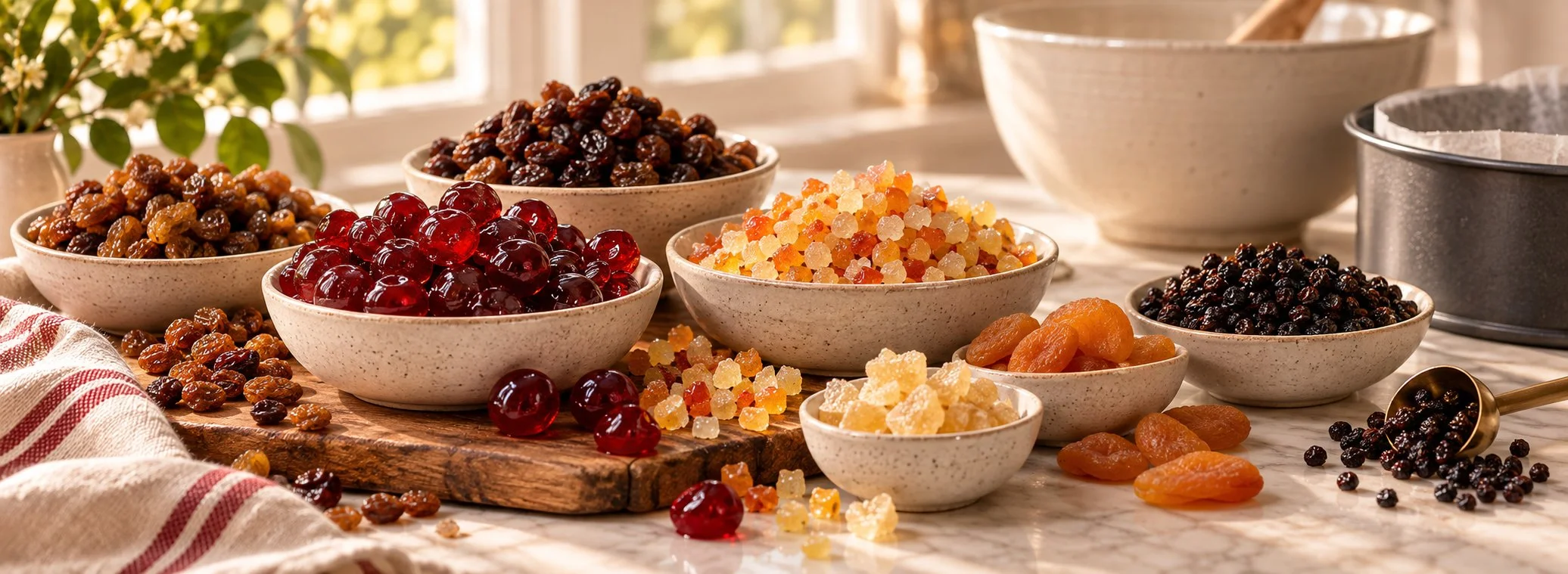 Glacé cherries, ginger, citrus peel, sultanas, raisins and dried fruit arranged for Christmas baking.
