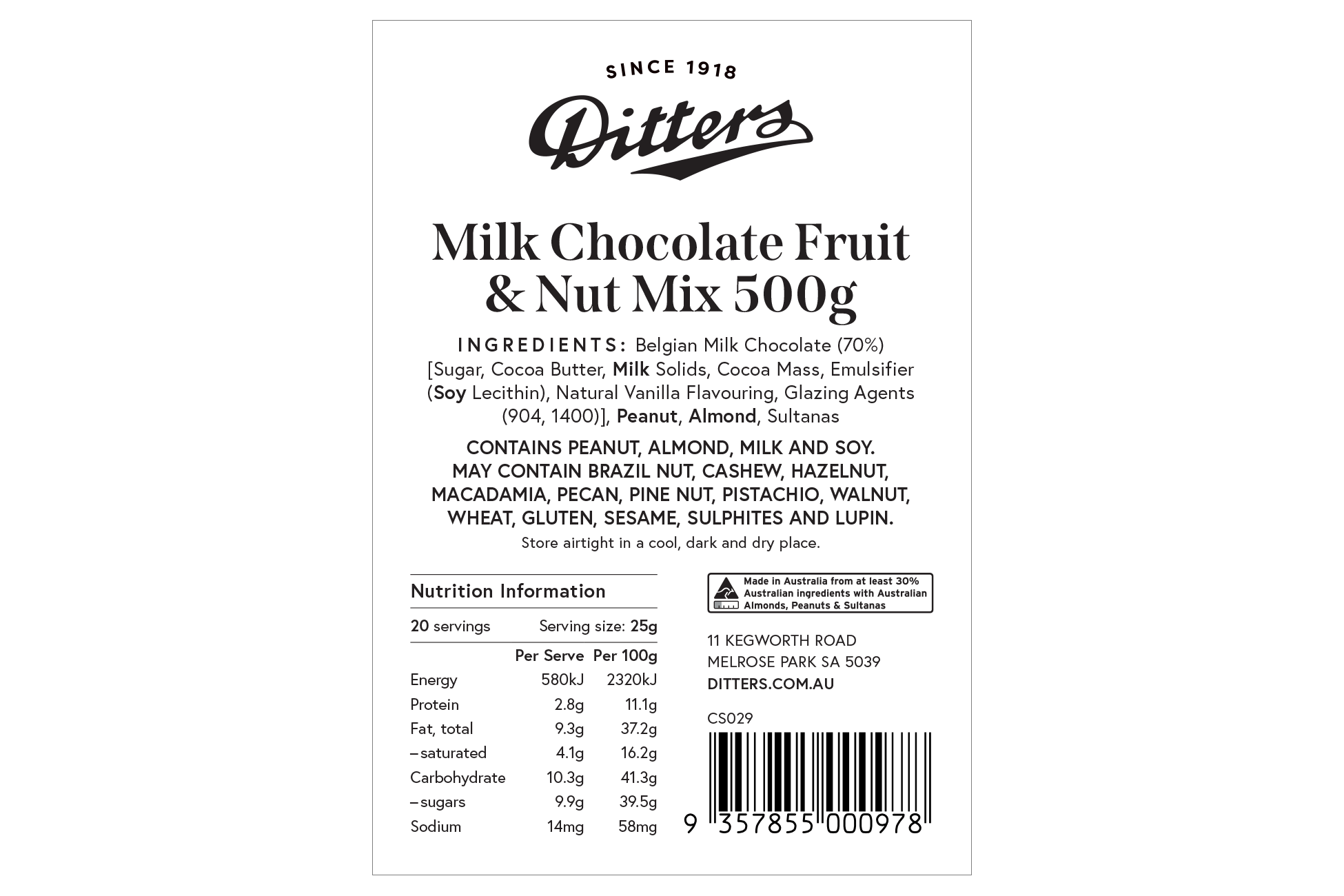 Ditters milk chocolate fruit and nut mix ingredients label