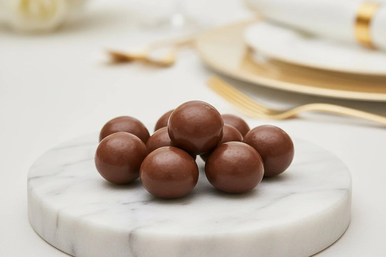 milk chocolate macadamias on marble base with white and gold dinner setting in the background