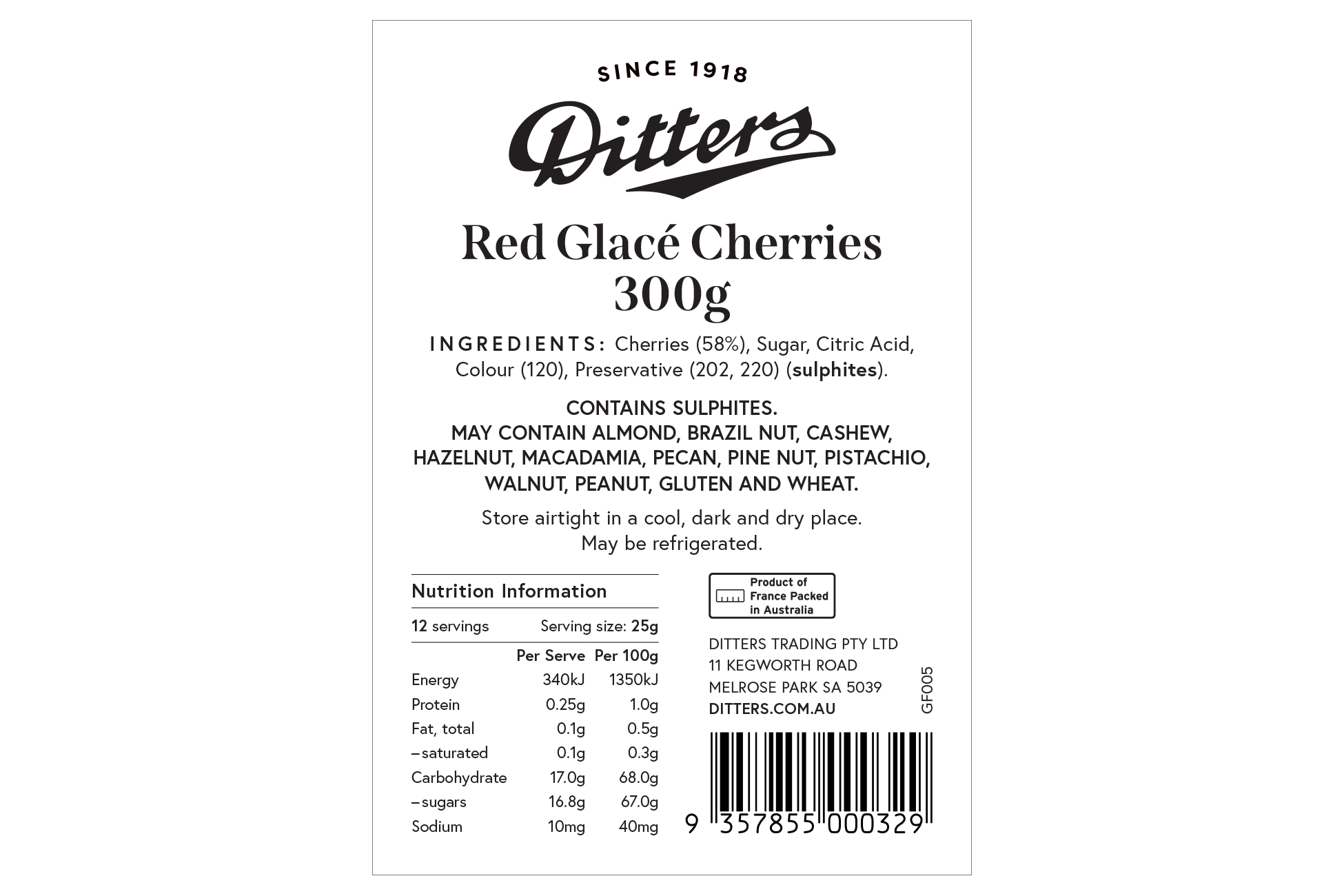 Ingredients label on Ditters Red Glacé Cherries packaging.