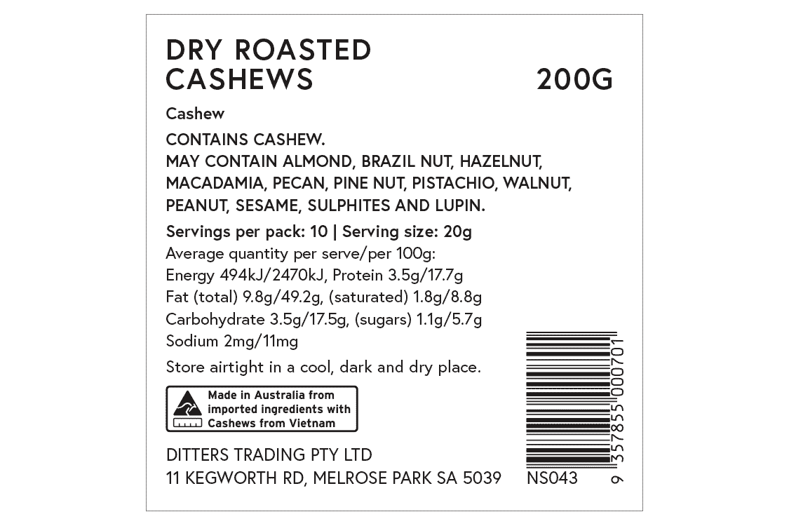 Ditters dry roasted cashews ingredients label