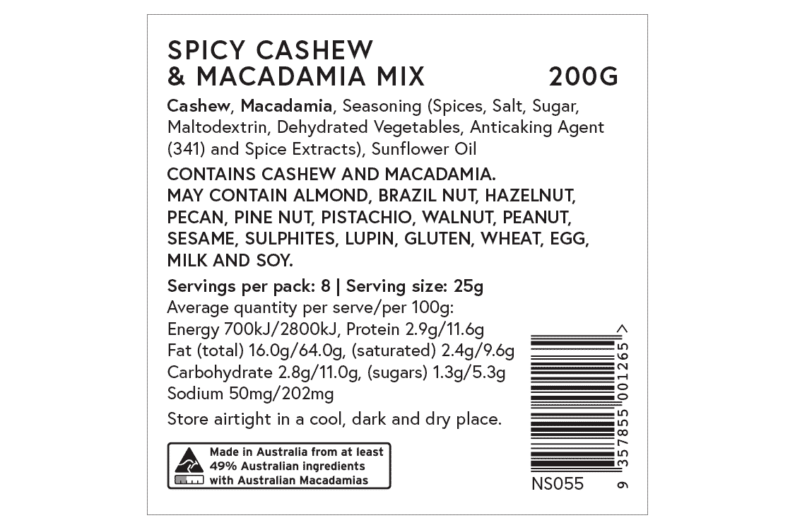 Ingredients label for Spicy Cashew and Macadamia Mix