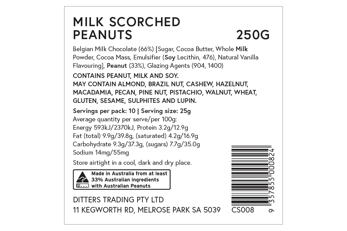 Ditters milk scorched peanuts ingredients label