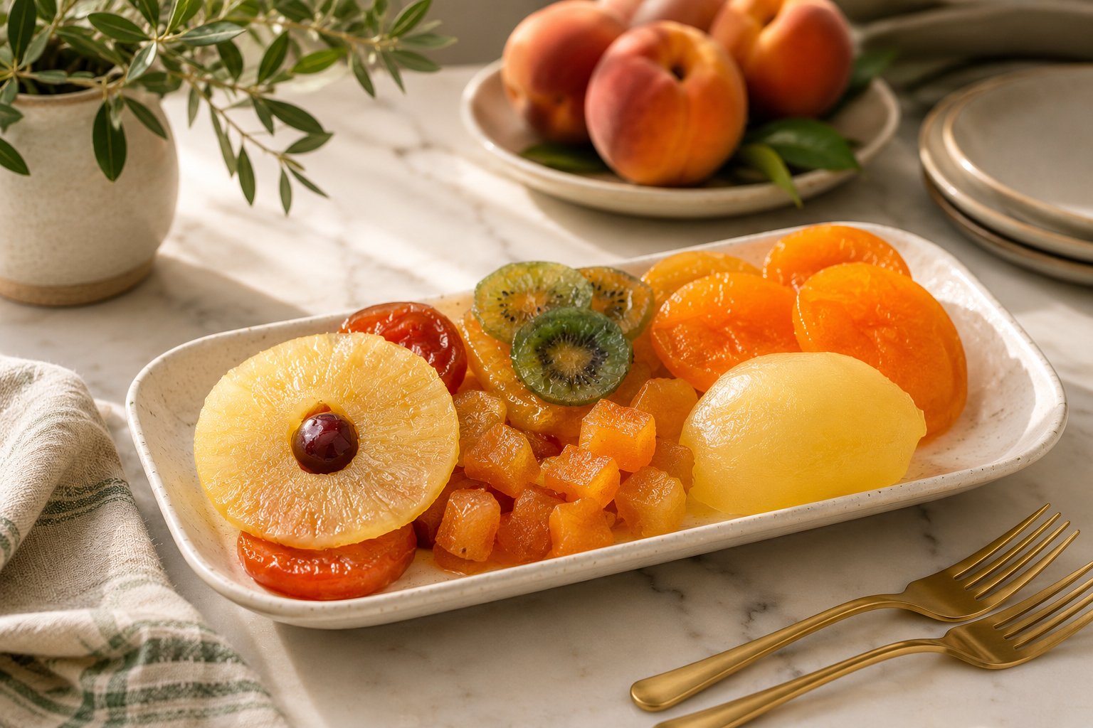Assorted glacé fruit including pineapple, apricots and kiwi arranged on a ceramic serving plate.