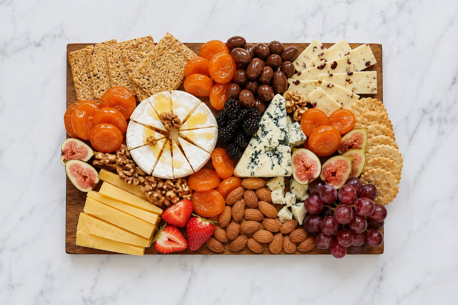Glacé apricots served with cheese, roasted nuts, chocolate almonds, crackers and fresh fruit on a sharing board.